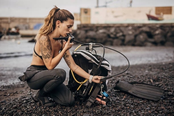 Female diver in the wetsuit