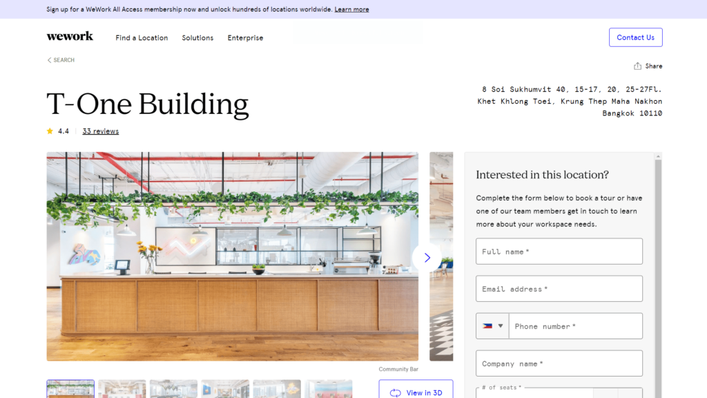 WeWork's Homepage