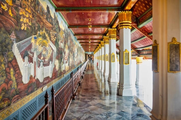 The murals in the temple depict scenes from the Ramayana